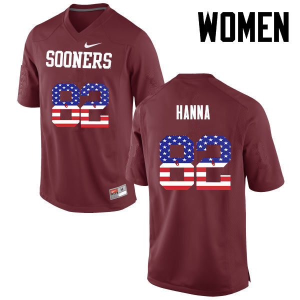 Women Oklahoma Sooners #82 James Hanna College Football USA Flag Fashion Jerseys-Crimson